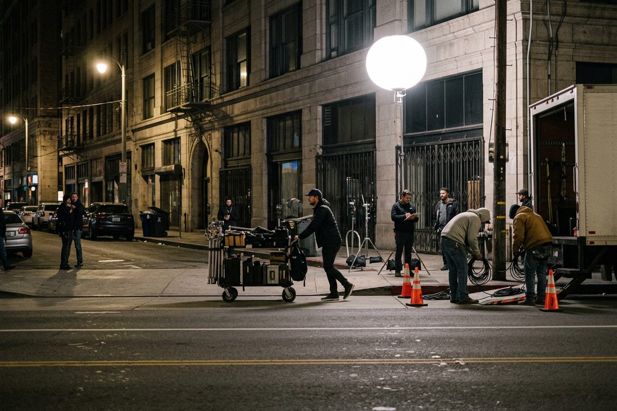 A film crew under a balloon light on a downtown Los Angeles street at night, seen from across the road, with a grip pushing an equipment cart past parked production trucks.