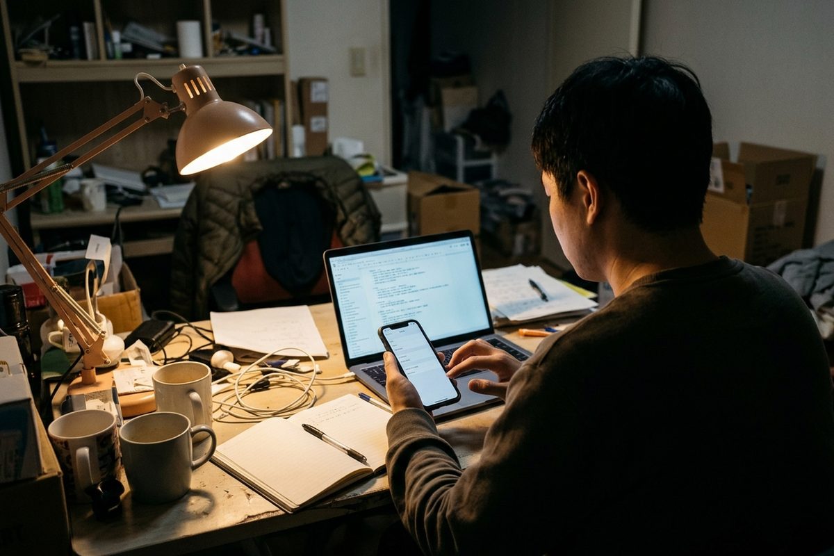 A person at a desk at night, seen from over the shoulder, holds a phone open to a settings screen beside a laptop showing a list of notes.