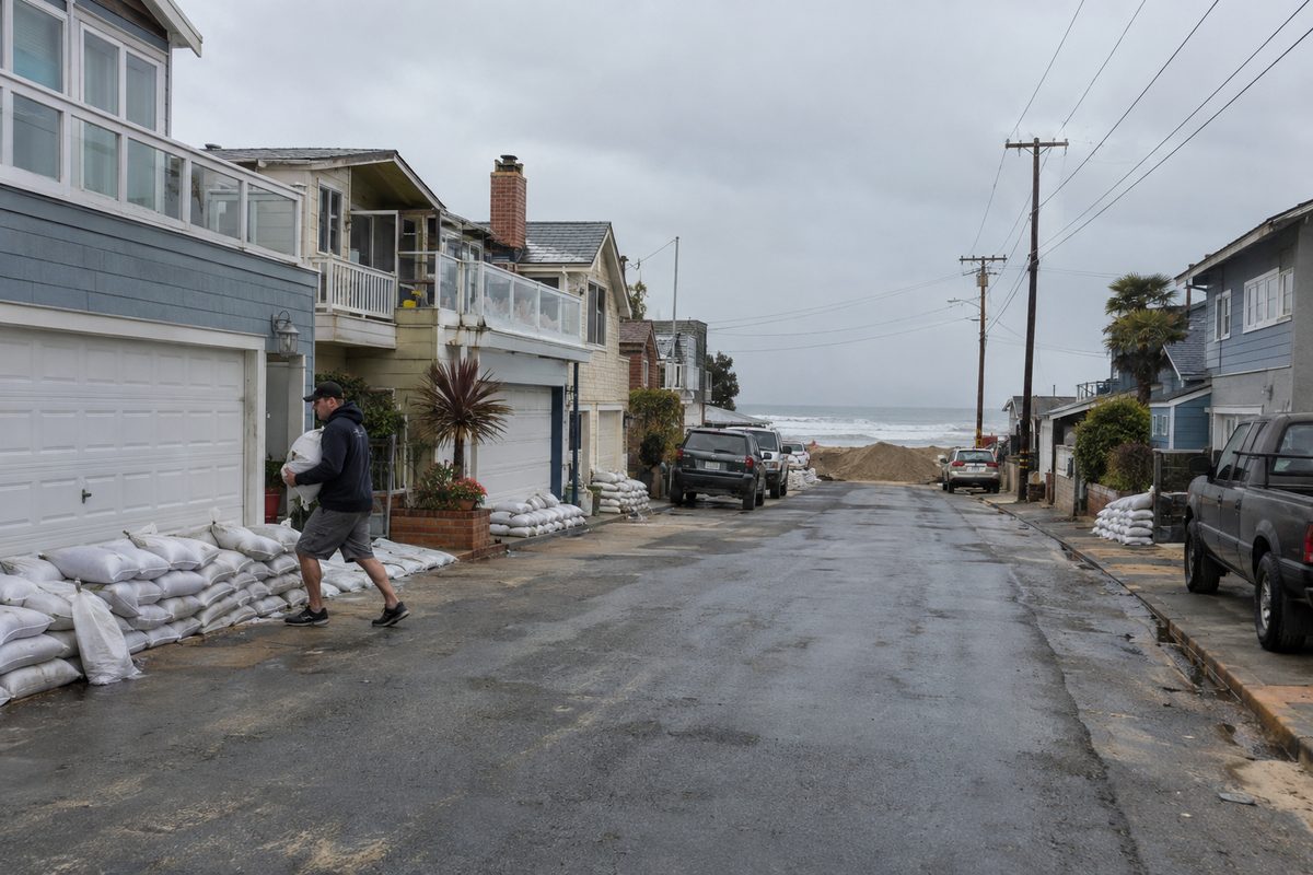 Sandbags stacked against garage doors on a low residential street near the beach on Newport Beach's Balboa Peninsula under a gray sky