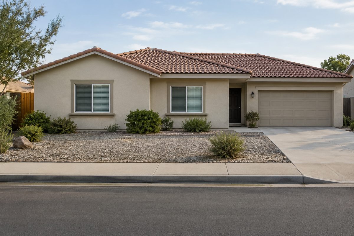 Photo illustration: a single-story Southern California house seen from the street with a cleared, gravel-and-hardscape band along its foundation, closed eaves and a tile roof, drawn flat and diagrammatic in muted daylight, no people, no fire, no brand marks