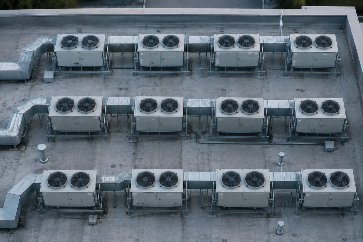 Overhead view of rooftop air-conditioning units arranged in rows on a flat roof under soft gray morning light.