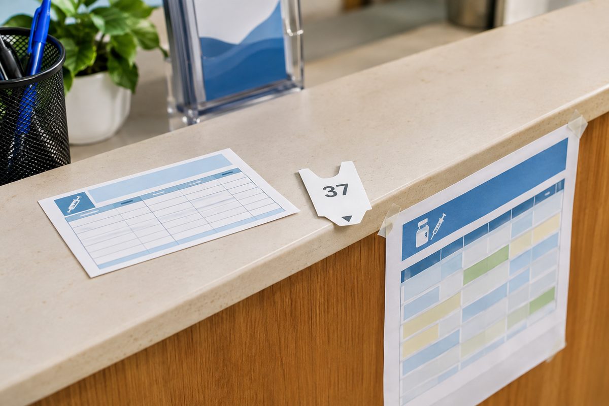 Photo illustration: flat editorial illustration, brand palette — a public clinic counter with a printed vaccine clinic schedule taped to it, a paper immunization record card and a numbered queue ticket, overhead view, no legible text, no logos, no people, no identifiable building