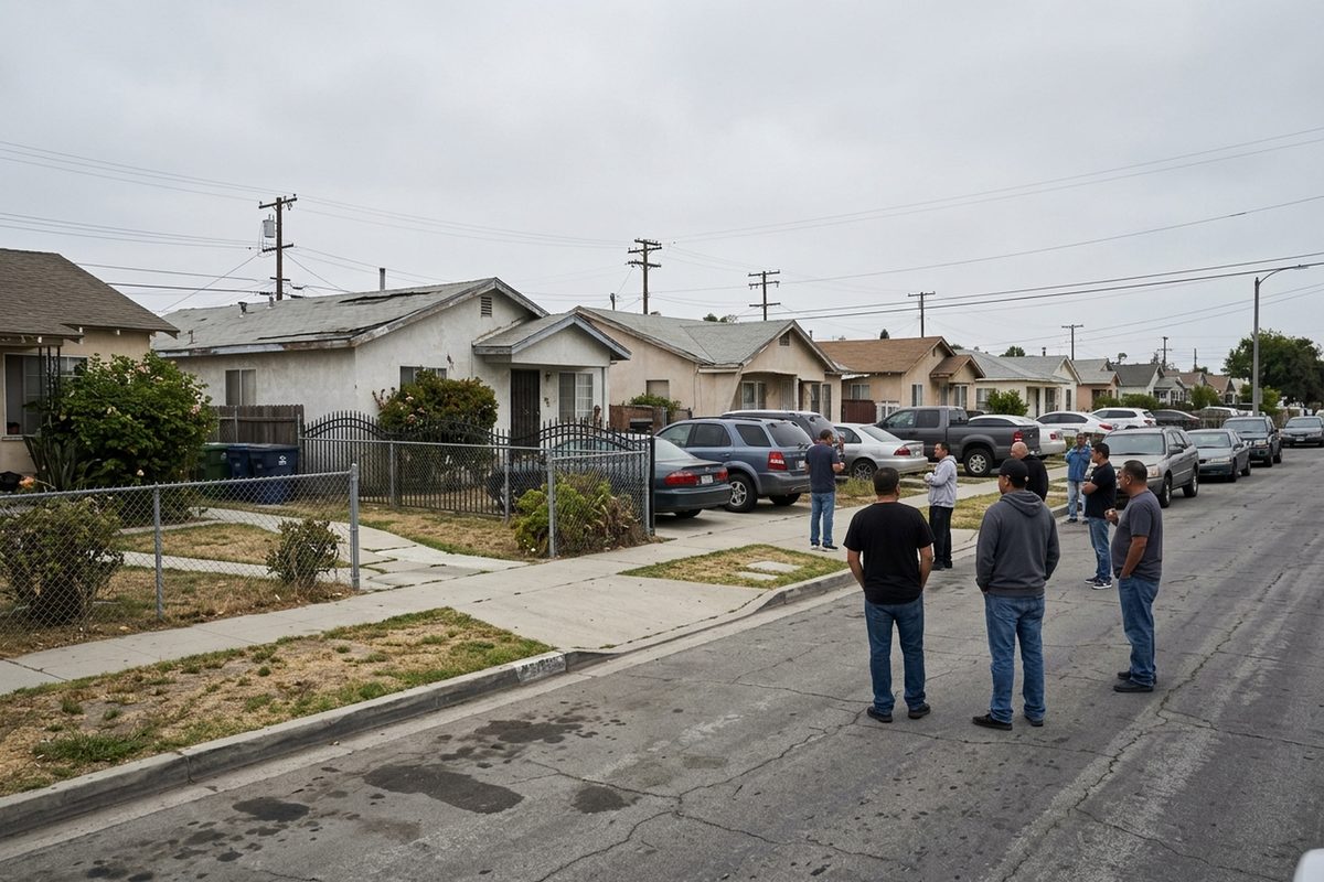 Neighbors stand on a residential sidewalk under an overcast sky.