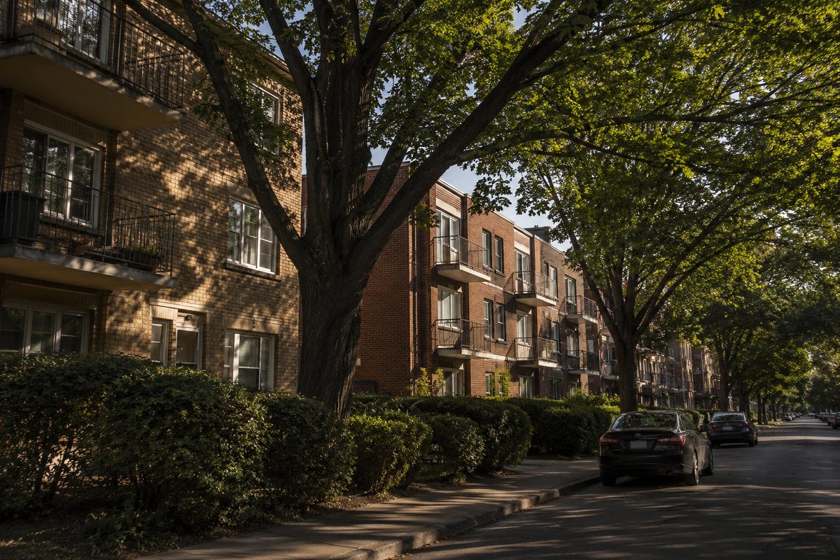 Low-rise apartment buildings along an unnamed residential street in afternoon light, with parked cars at the curb and no legible signage.
