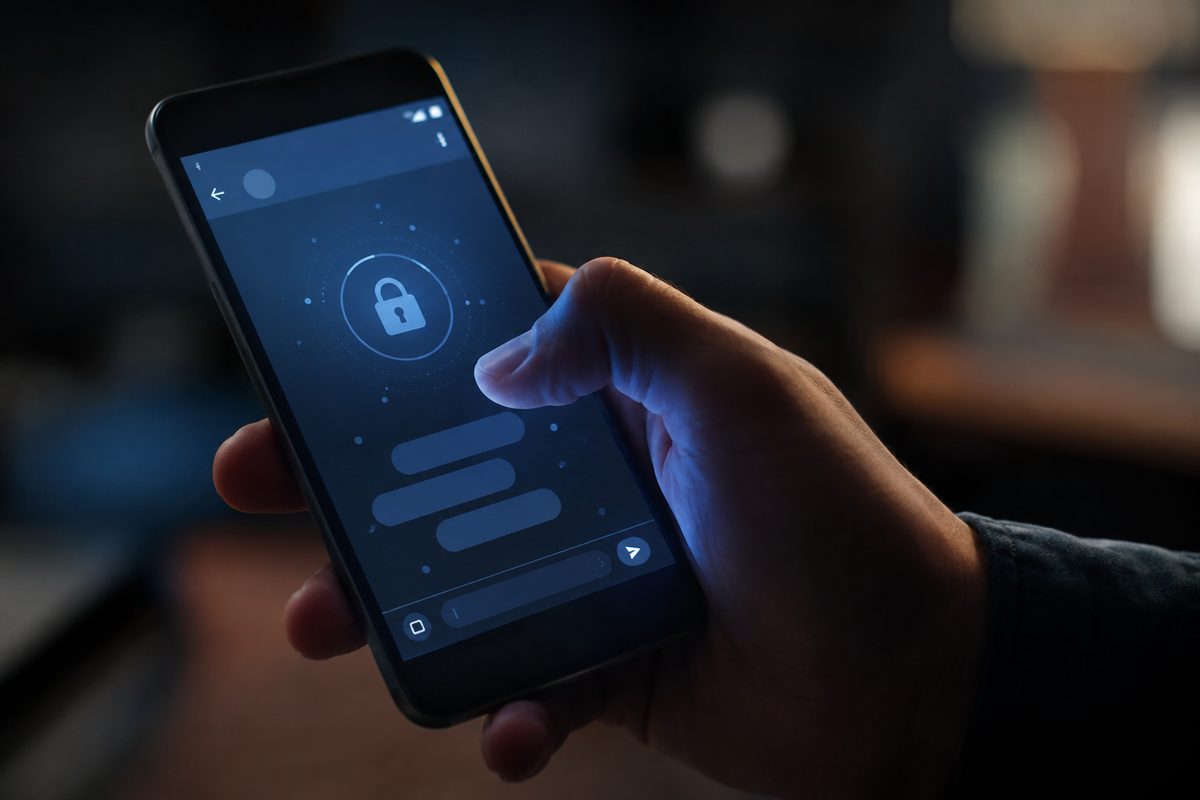 A hand holding a smartphone with an encrypted messaging app open, illustrating government spyware and wiretap surveillance reporting.