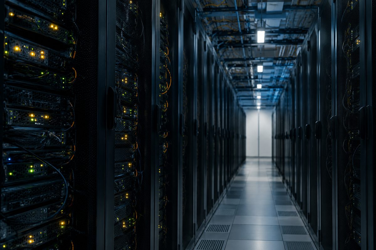 Rows of unmarked network server racks in a dimly lit data room, cables running along the floor