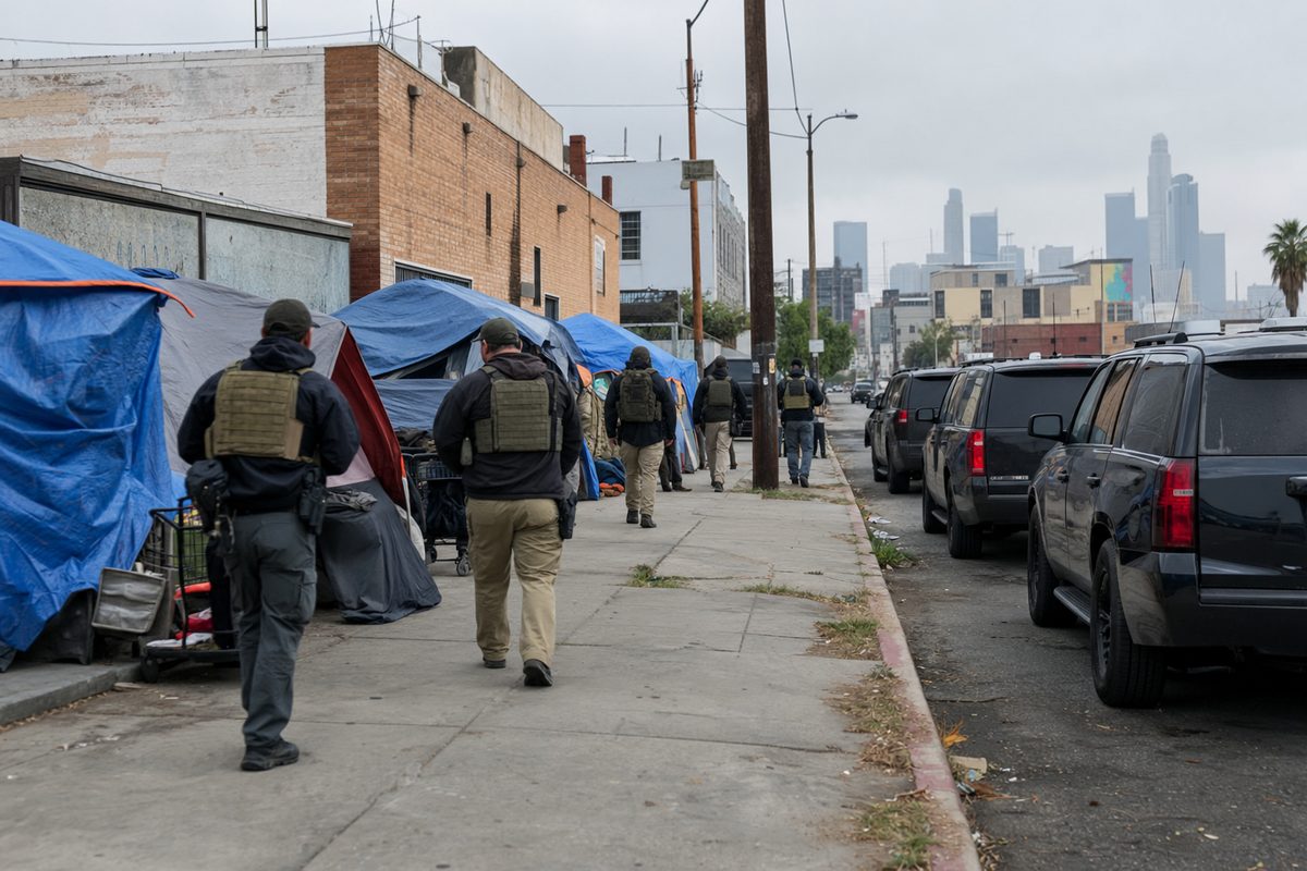 Unmarked law enforcement vehicles and agents in tactical vests along a Skid Row sidewalk lined with tents near Fifth and Crocker streets in downtown Los Angeles on a gray morning.