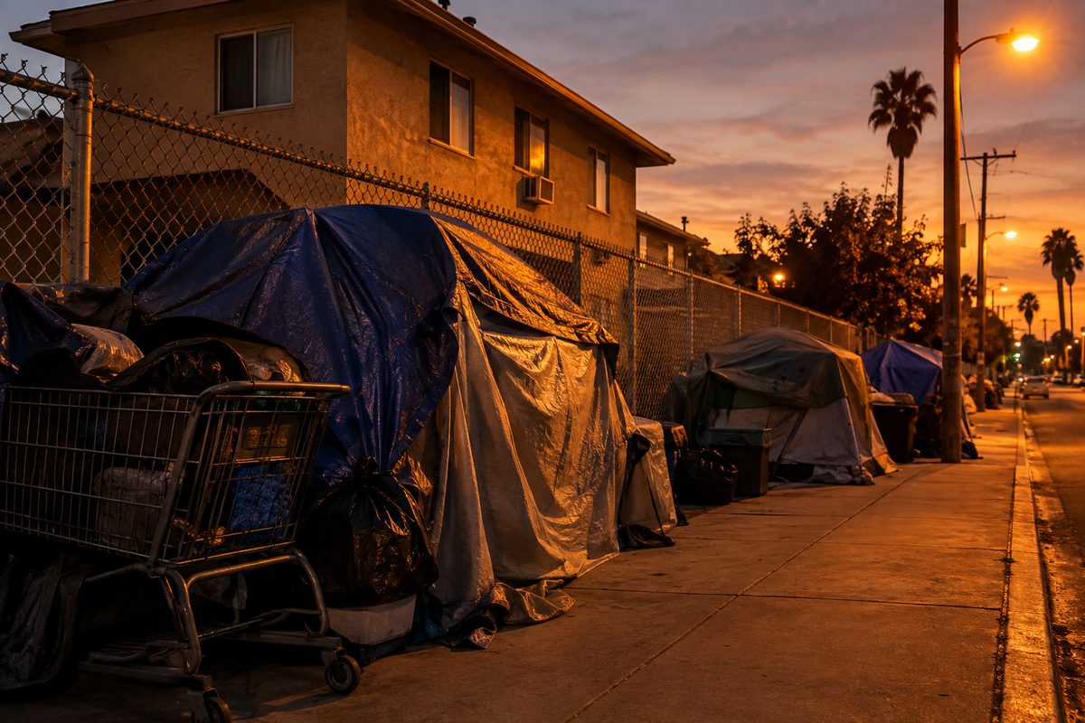 A row of tarped tents along a chain-link fence on a city sidewalk at dusk, under orange streetlight.