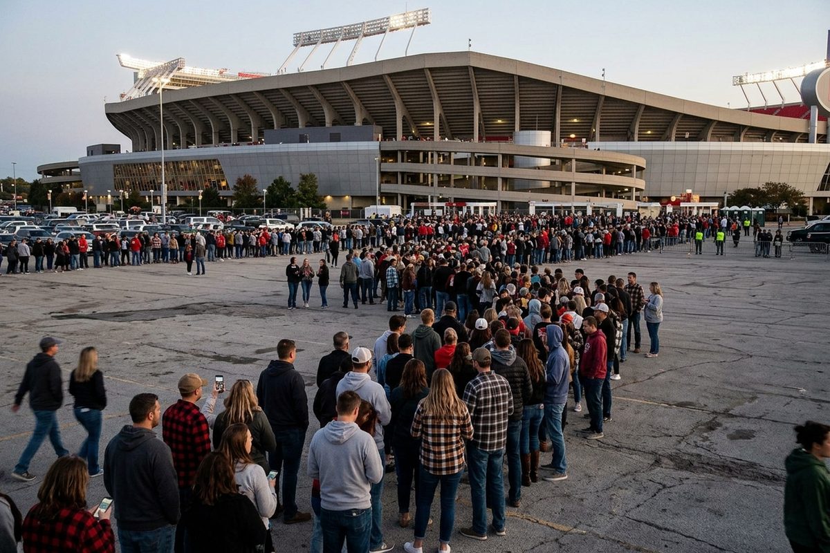 Concertgoers waiting in a long line outside the gates of Arrowhead Stadium in Kansas City in the early evening, seen from across the parking lot.