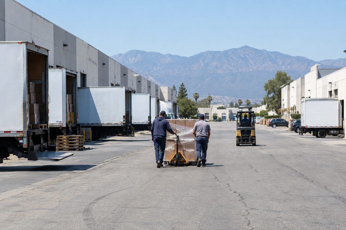 Box trucks backed up to loading docks along a wide warehouse street in the City of Industry under midday sun, with workers moving pallets.