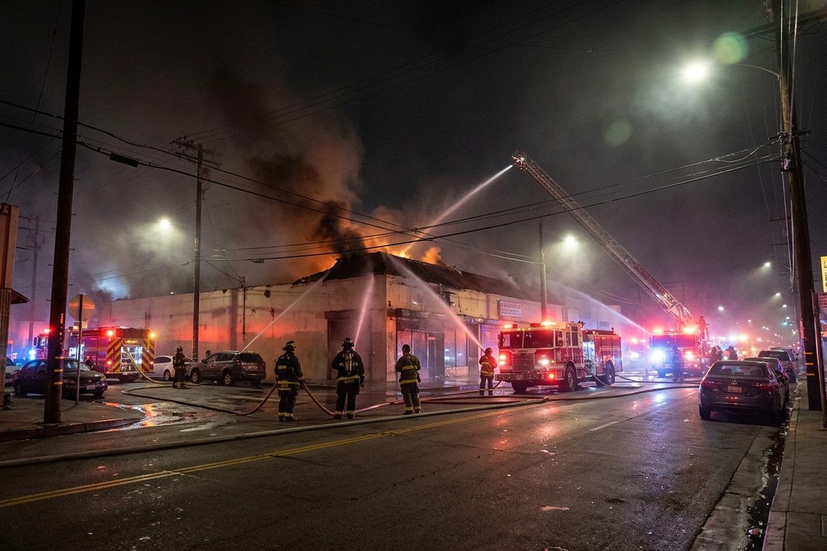 Firefighters spray water from outside onto a burning one-story commercial building on North Main Street in Chinatown at night.