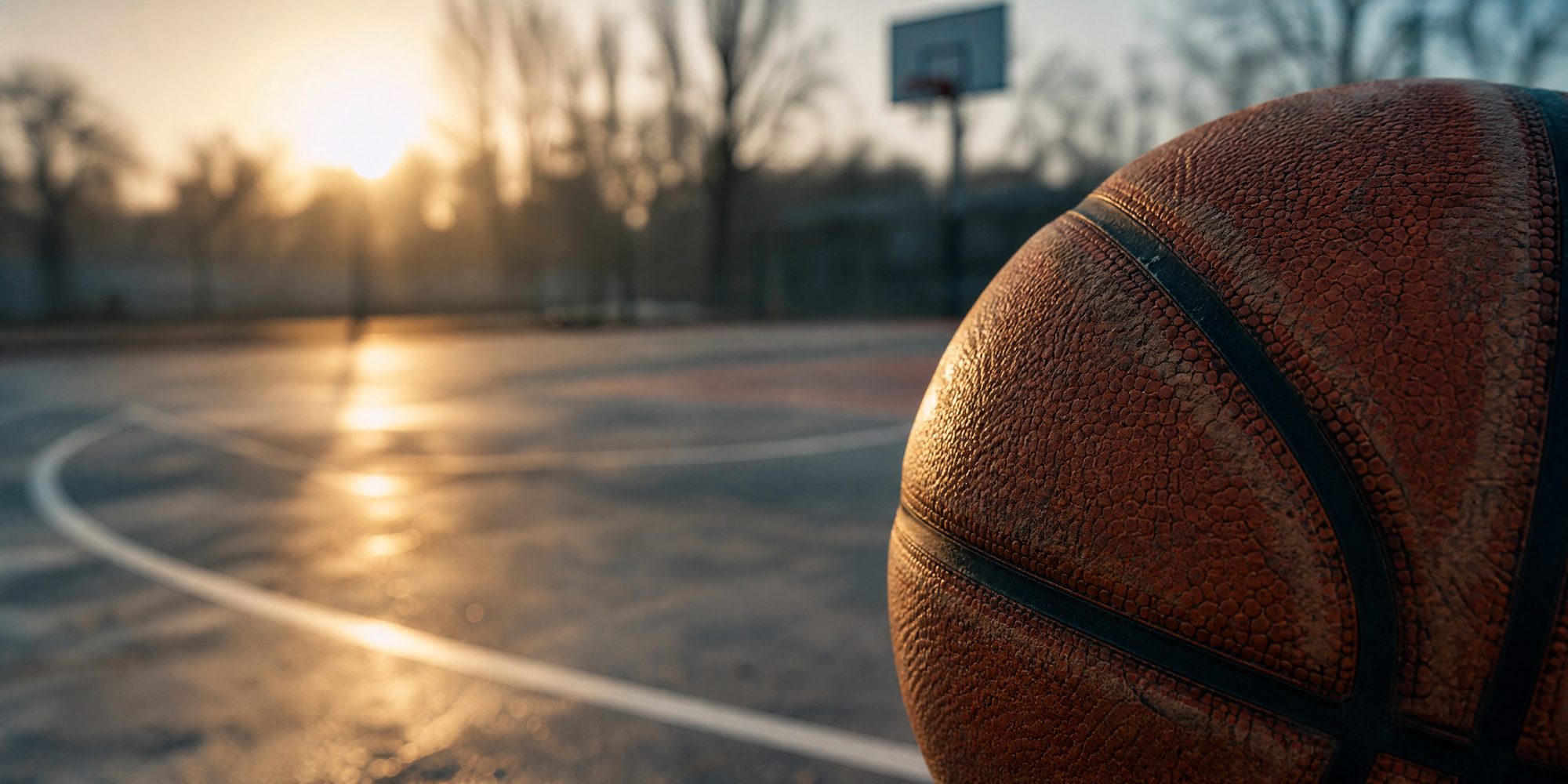 Extreme close-up of a worn basketball's pebbled surface, with blurred hardwood court lines behind it in hazy morning light.