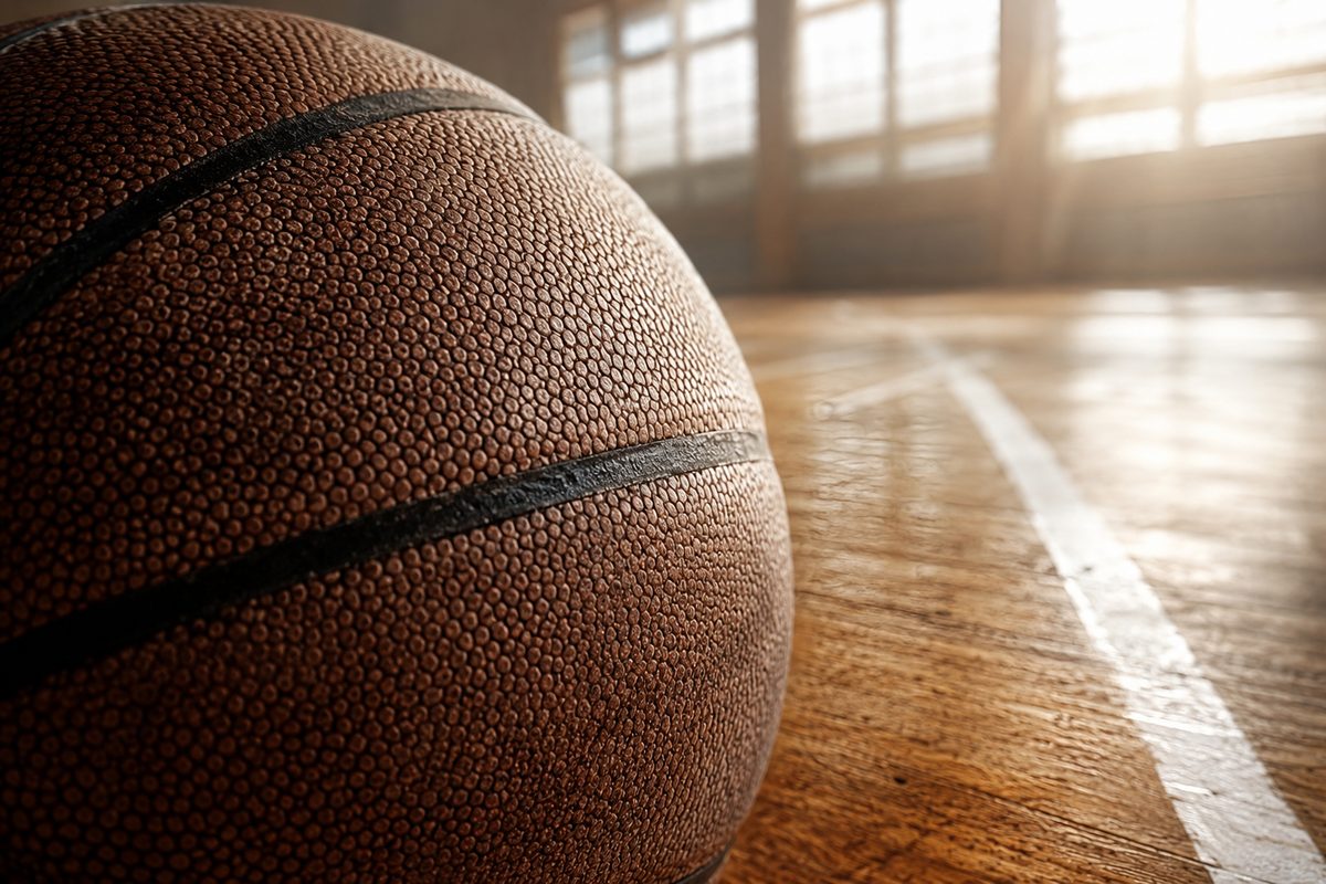 Extreme close-up of a worn basketball's pebbled surface, with blurred hardwood court lines behind it in hazy morning light.