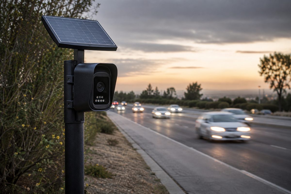 An automatic license plate reader camera mounted on a slim pole beside an empty suburban road at dusk