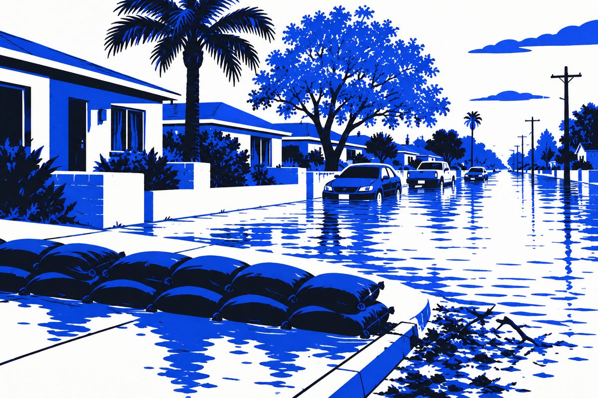 Illustration: Photorealistic editorial illustration: a flooded residential street in Los Angeles after heavy rain. Standing brown water covers the roadway and laps over the curb, reflecting a flat grey overcast sky. A line of stacked sandbags is laid across a driveway apron in the foreground, dark and wet. Single-story stucco bungalows with low front walls, a palm and a jacaranda dripping, parked cars in water to the wheel wells, storm debris and leaf litter at the gutter line. Eye-level camera, natural diffuse daylight, muted colors, documentary framing. No people, no text, no logos, no watermarks.