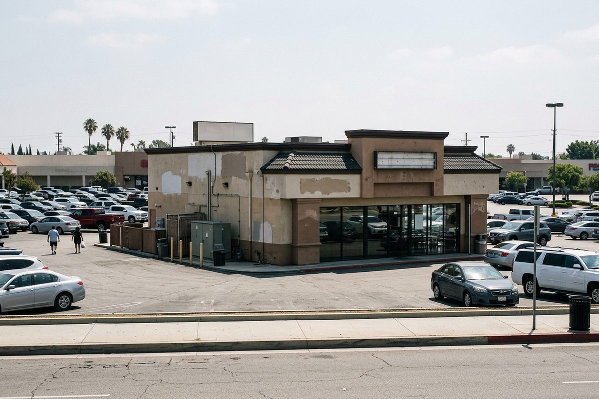 Daytime view across a parking lot of a restaurant front at Eastland Center in West Covina, California
