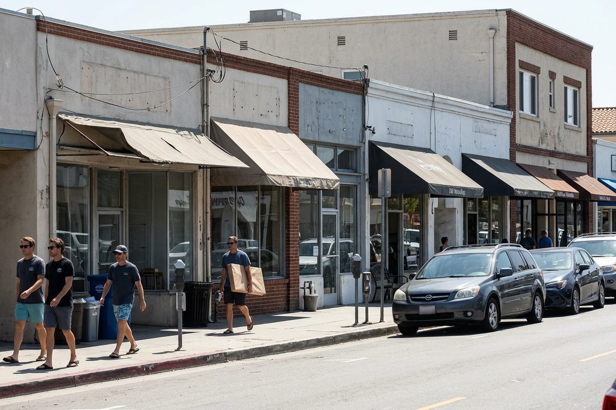 A row of small shopfronts along Manhattan Avenue in downtown Manhattan Beach under flat midday light, with a few pedestrians on the sidewalk.