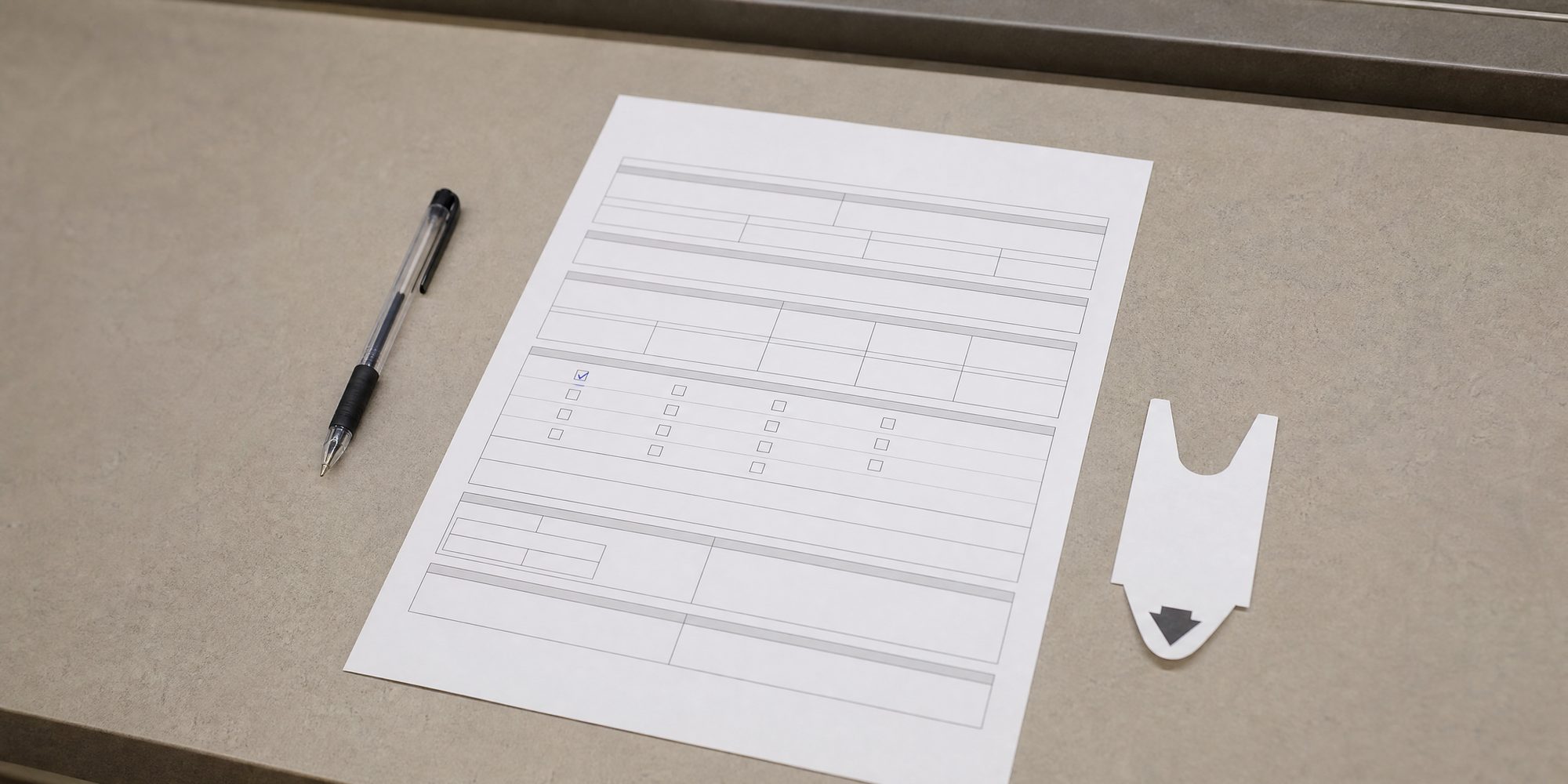 Photo illustration: overhead flat-lay of a blank municipal business tax renewal form on a plain service counter, a ballpoint pen and a paper queue-number ticket beside it, one checkbox on the form ticked, neutral daylight, no people, no faces, no readable agency names or logos, no signage, no seasonal cues