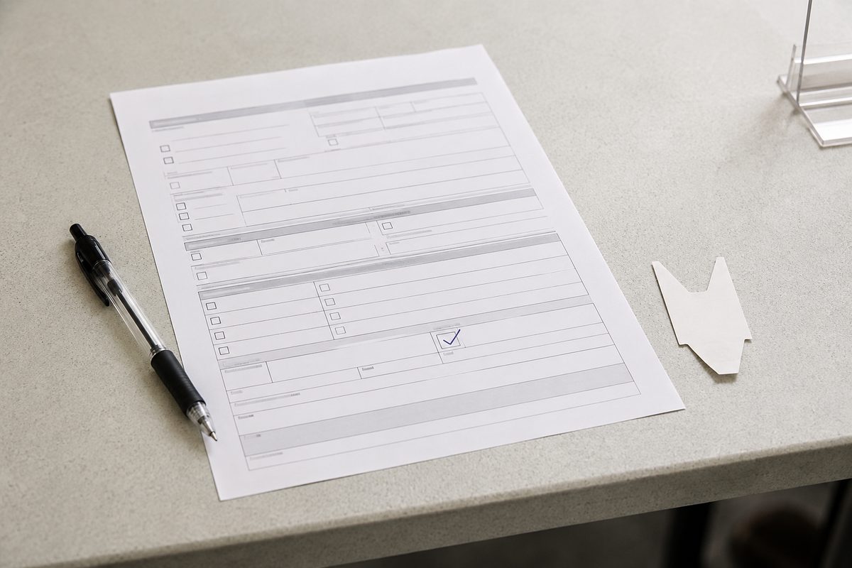 Photo illustration: overhead flat-lay of a blank municipal business tax renewal form on a plain service counter, a ballpoint pen and a paper queue-number ticket beside it, one checkbox on the form ticked, neutral daylight, no people, no faces, no readable agency names or logos, no signage, no seasonal cues