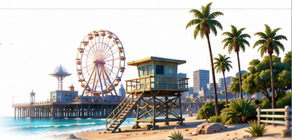 Illustration: a pier ferris wheel, a lifeguard tower and palms above the beach