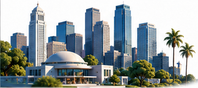 Illustration: the downtown Los Angeles skyline behind a low domed civic building and palms