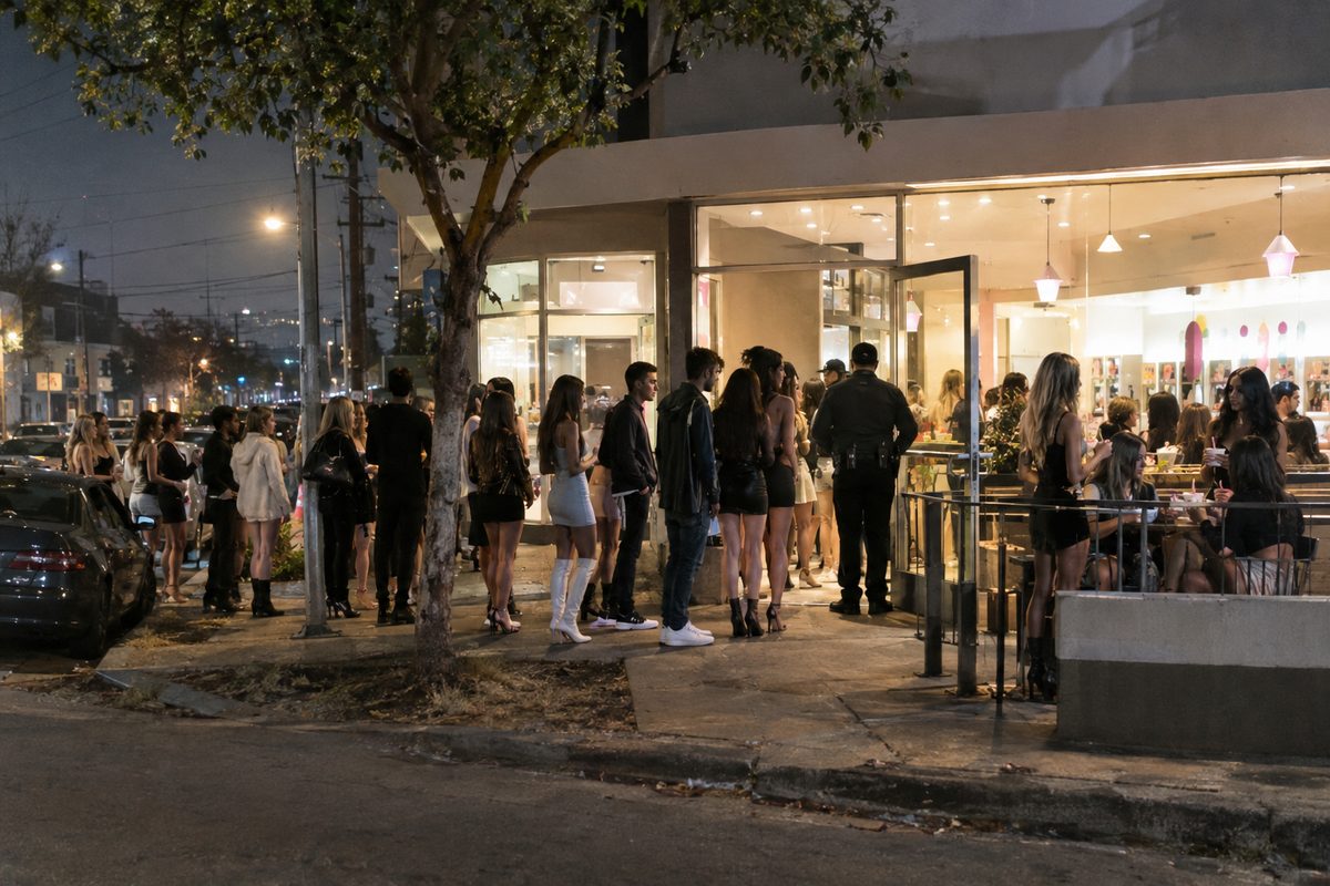 Young people line up at night outside a frozen Greek yogurt shop in Beverly Hills, with more customers on the patio holding yogurt cups.