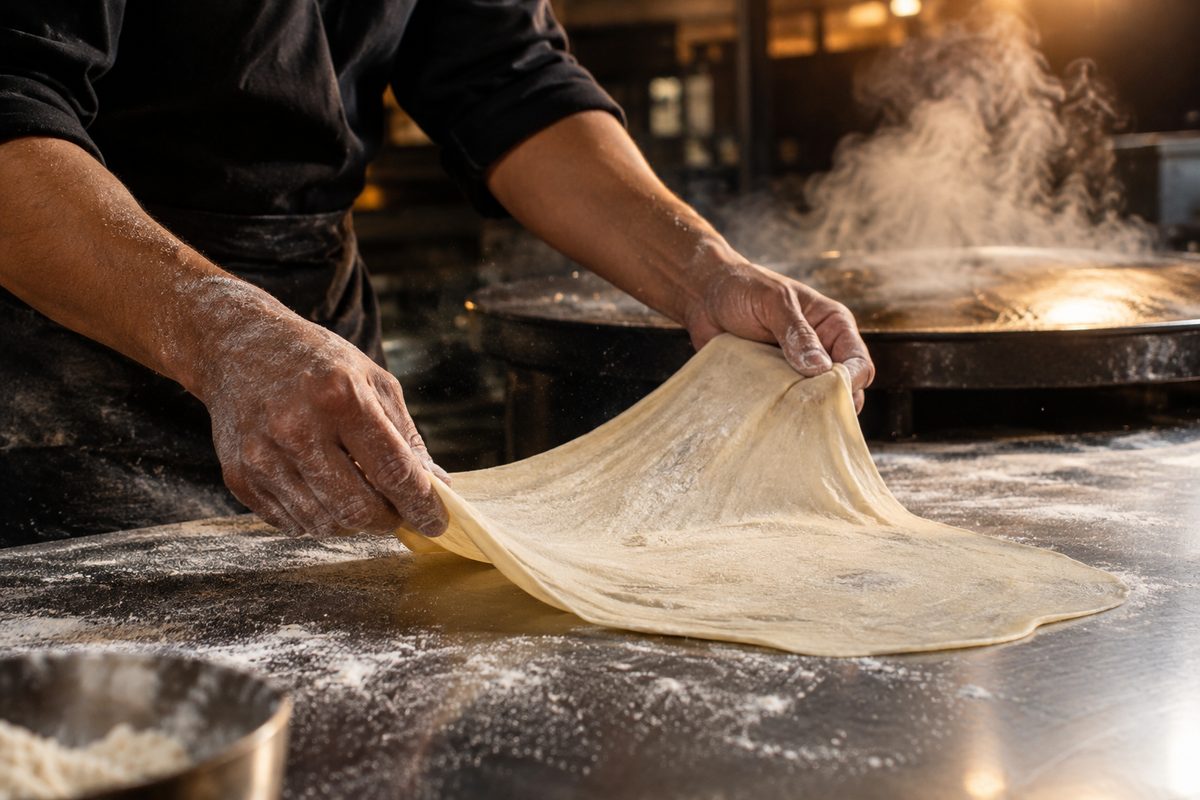 Hands stretching thin flatbread dough across a floured steel counter as steam rises from a griddle in a dimly lit kitchen.