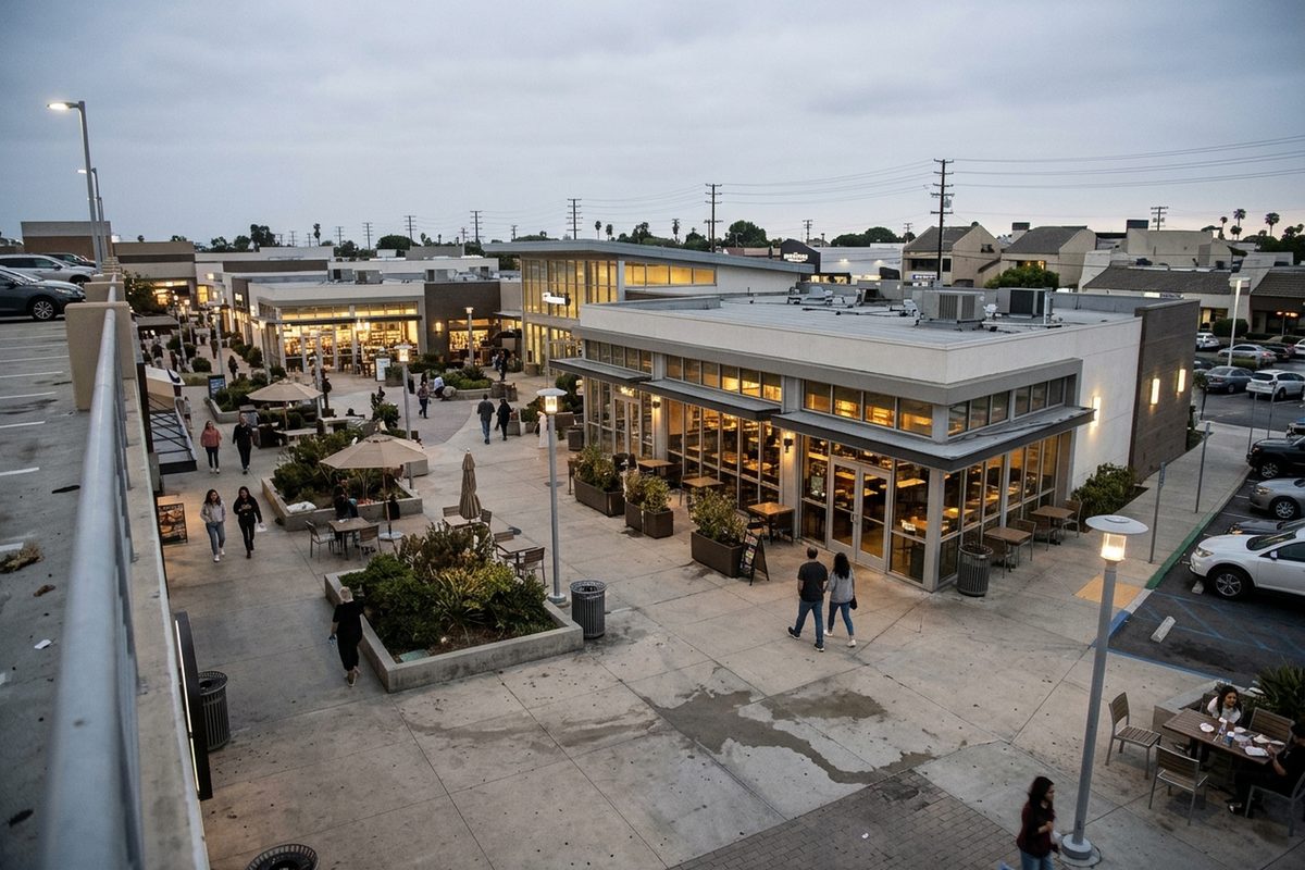 People walking past low modern storefronts in an open-air shopping center in El Segundo under an overcast evening sky