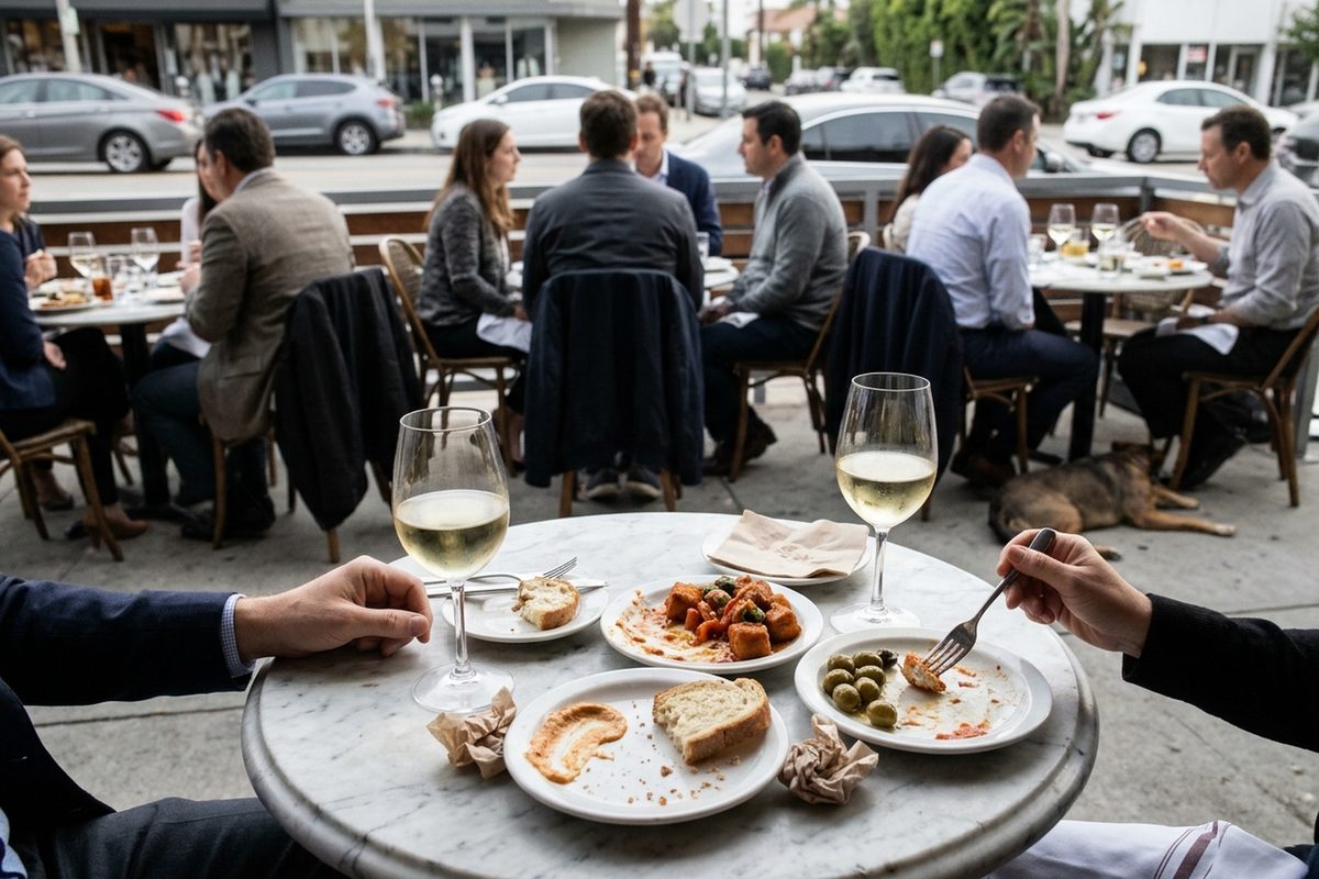Glasses of white wine and small shared plates on a sidewalk patio table on Melrose Avenue in West Hollywood in late-afternoon light, with a dog lying under a nearby chair.