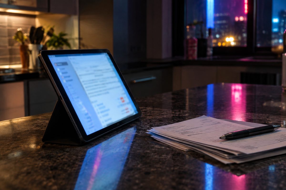 Close macro of a tablet propped against a kitchen counter beside a stack of unsigned paper forms, screen text unreadable, cool neon light from a window at night.