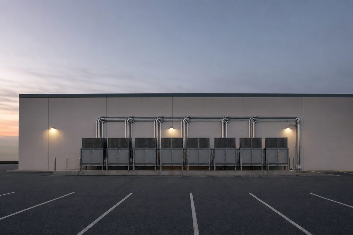 Symmetrical frontal view of industrial cooling units and cable conduit outside a low data center building in an empty parking lot at dawn.