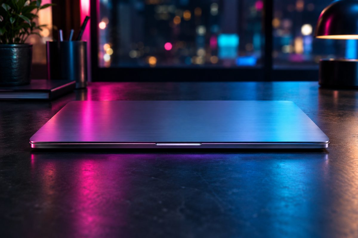 A thin unbranded aluminum laptop, closed, photographed head-on in a dark room with colored light on its metal lid.