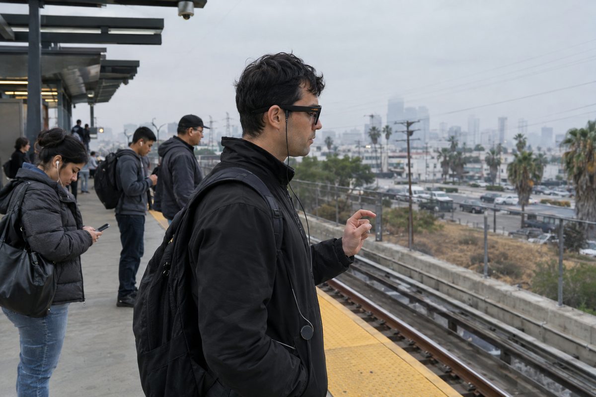 A commuter on a Santa Monica train platform at dawn wears thick dark glasses with a thin cord running to a puck clipped to a jacket pocket.