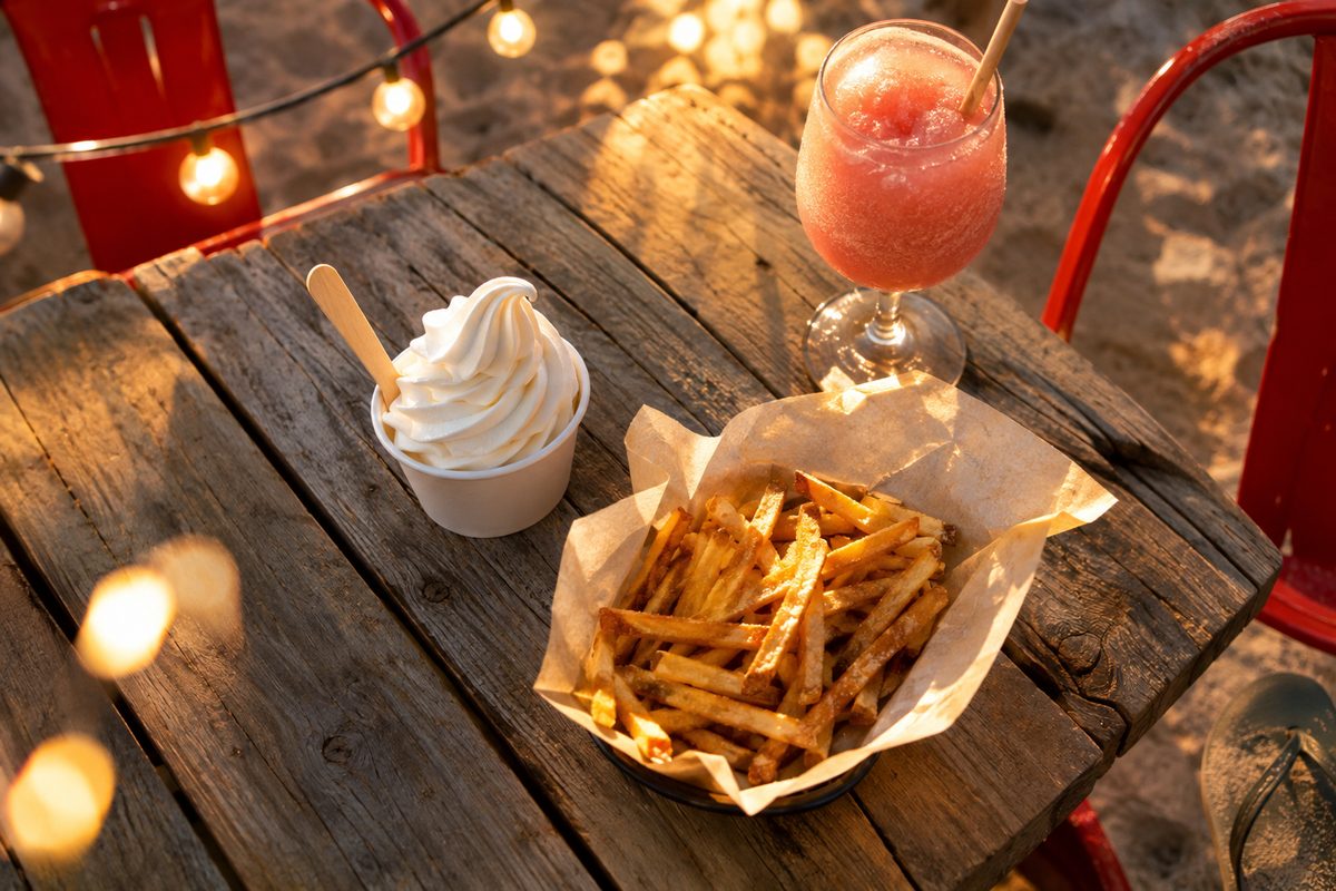 Overhead view of a patio table at golden hour with a soft-serve cone, a paper-lined basket and red chairs under string lights.