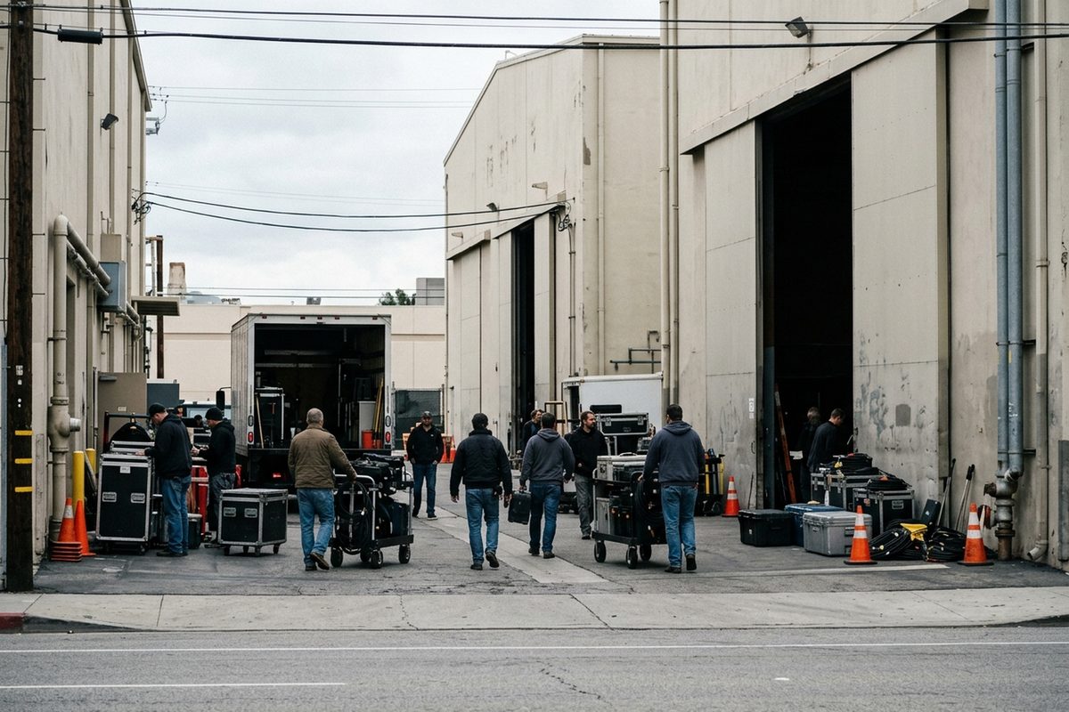 Television crew members push equipment carts between tall soundstage doors on a studio lot in flat daylight, as a TV drama shoots its 23rd season.
