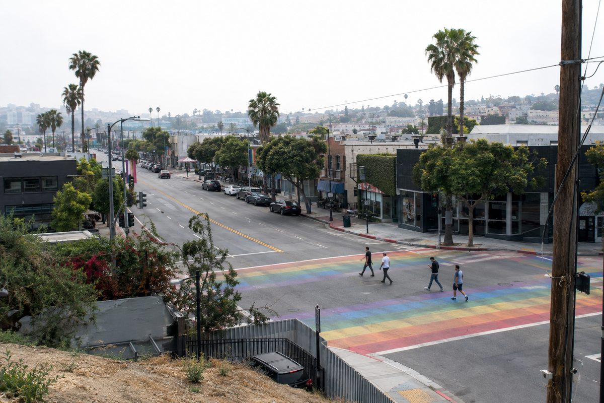 Pedestrians cross the rainbow crosswalk at Santa Monica Boulevard and San Vicente Boulevard in West Hollywood on an overcast midday, some looking at their phones.