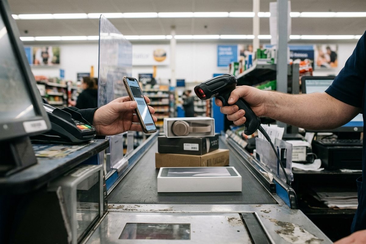 A hand holds a phone toward a cashier's barcode scanner at a big-box store checkout, illustrating gift card fraud tied to the Staples hack.
