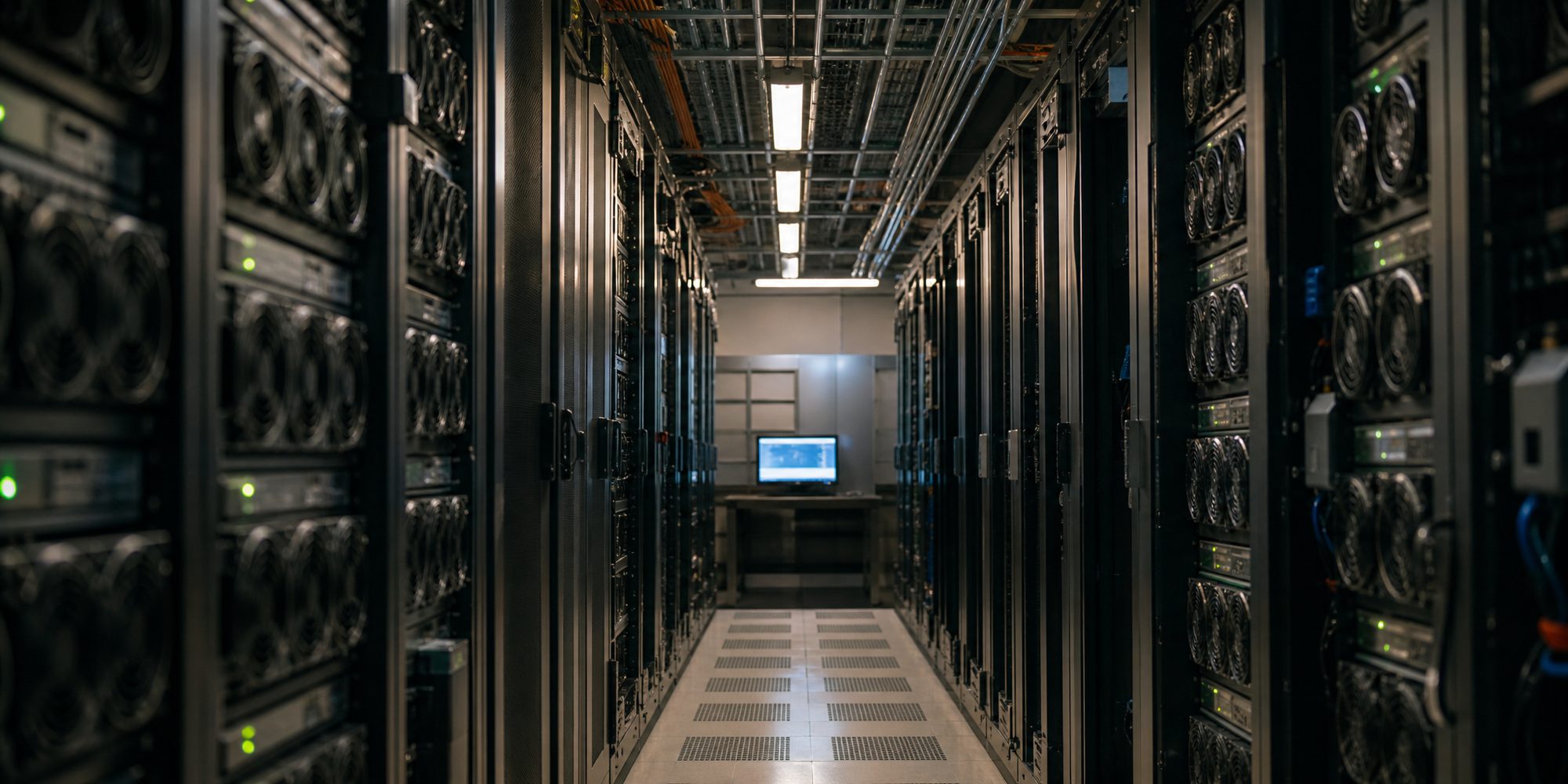 A frontal view of a fluorescent-lit server room aisle, cable trays overhead and rack fans in rows, with an unreadable terminal screen at the end of the aisle.