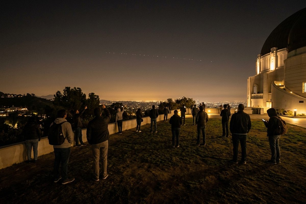 People on the Griffith Observatory lawn at night look up as small points of satellite light move across the sky over Los Angeles.