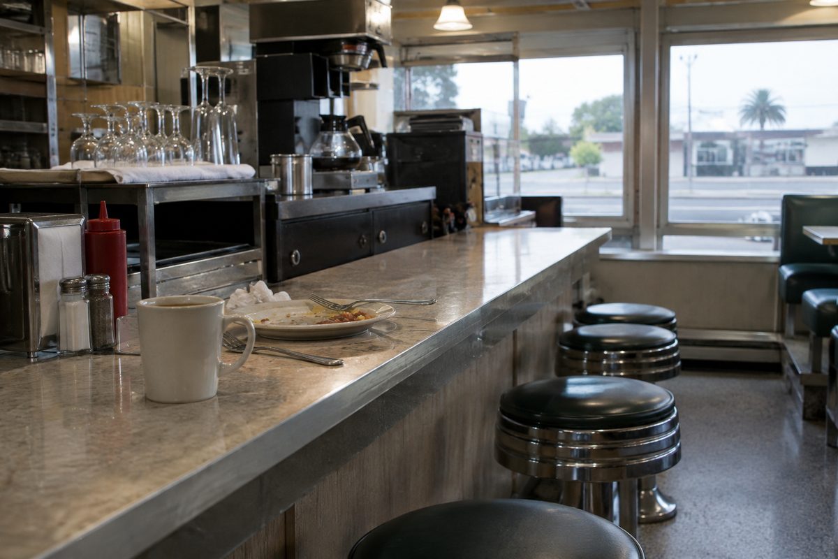 An empty diner counter with chrome stools and a short row of beer and wine glasses on a back shelf, lit by flat overcast daylight through a front window.
