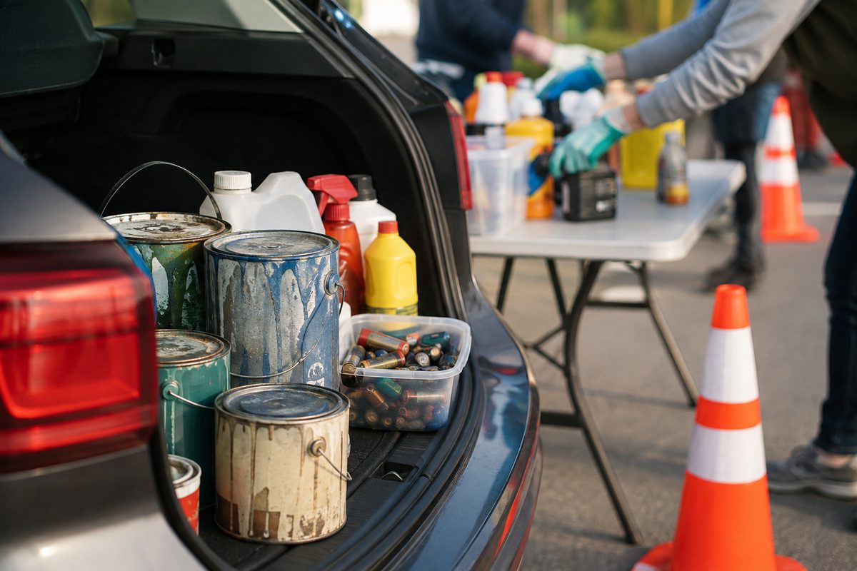 Photo illustration: an open car trunk holding old paint cans, batteries and cleaning bottles at a community drop-off event, folding table and cones out of focus behind, gloved hands sorting in the background, no faces, no signage