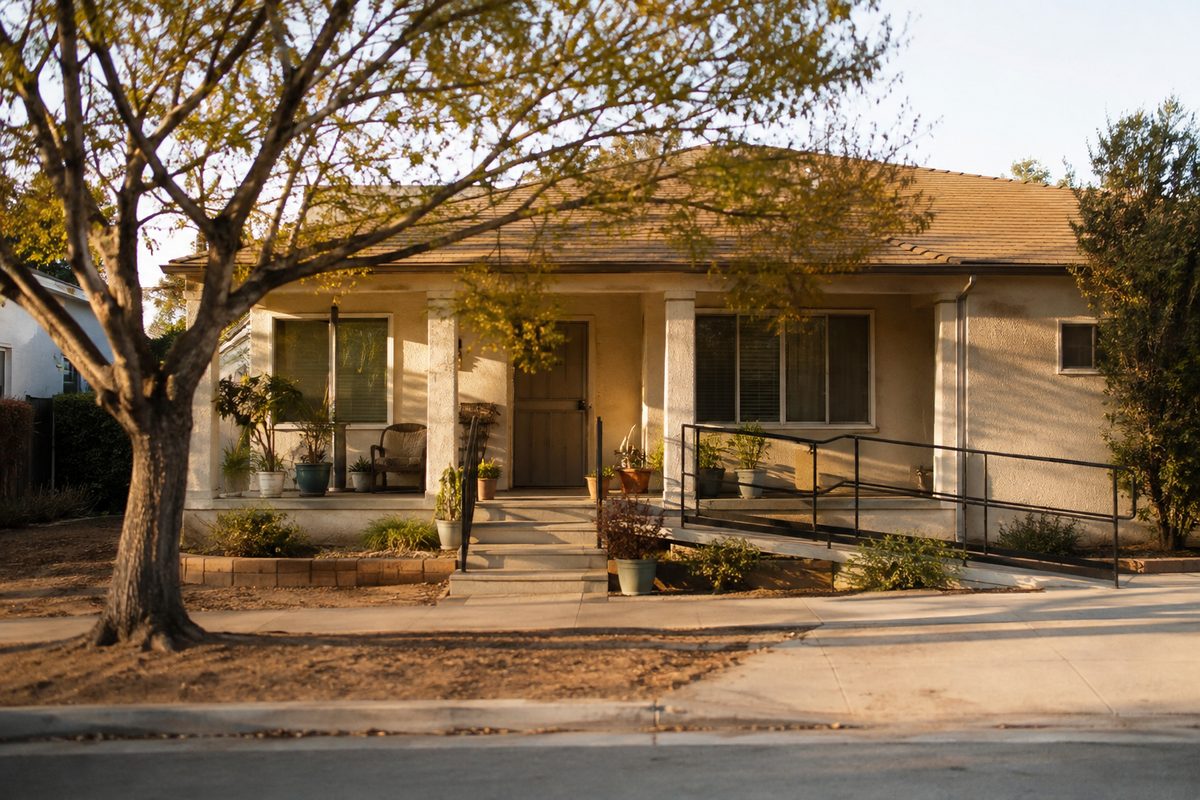 Exterior of an anonymous single-story residential care home on a quiet Los Angeles street, with a wheelchair ramp at the front door