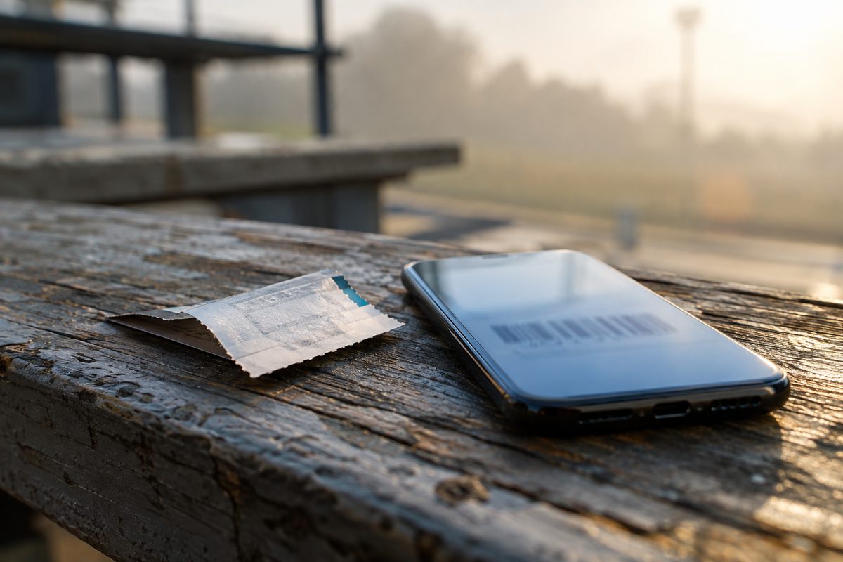 Close-up of a folded paper ticket stub and a phone screen showing an unreadable barcode on a worn wooden bleacher plank.