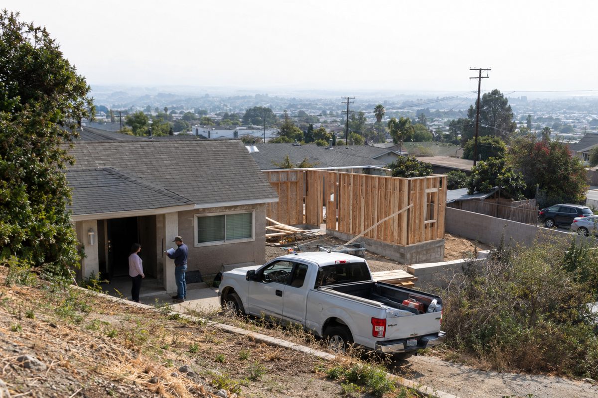 Photo illustration: A flat editorial illustration of a homeowner at their own front door holding a clipboard with a contractor's bid on it, a pickup truck and a half-framed wall behind the visitor, drawn in the paper's house style with no recognizable faces and no readable logos.
