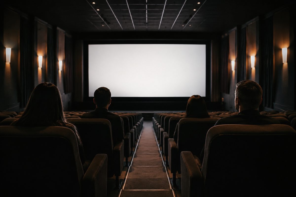 A symmetrical view down a darkened movie theater auditorium, rows of empty seats in the foreground and a few seated patrons silhouetted against the lit screen.
