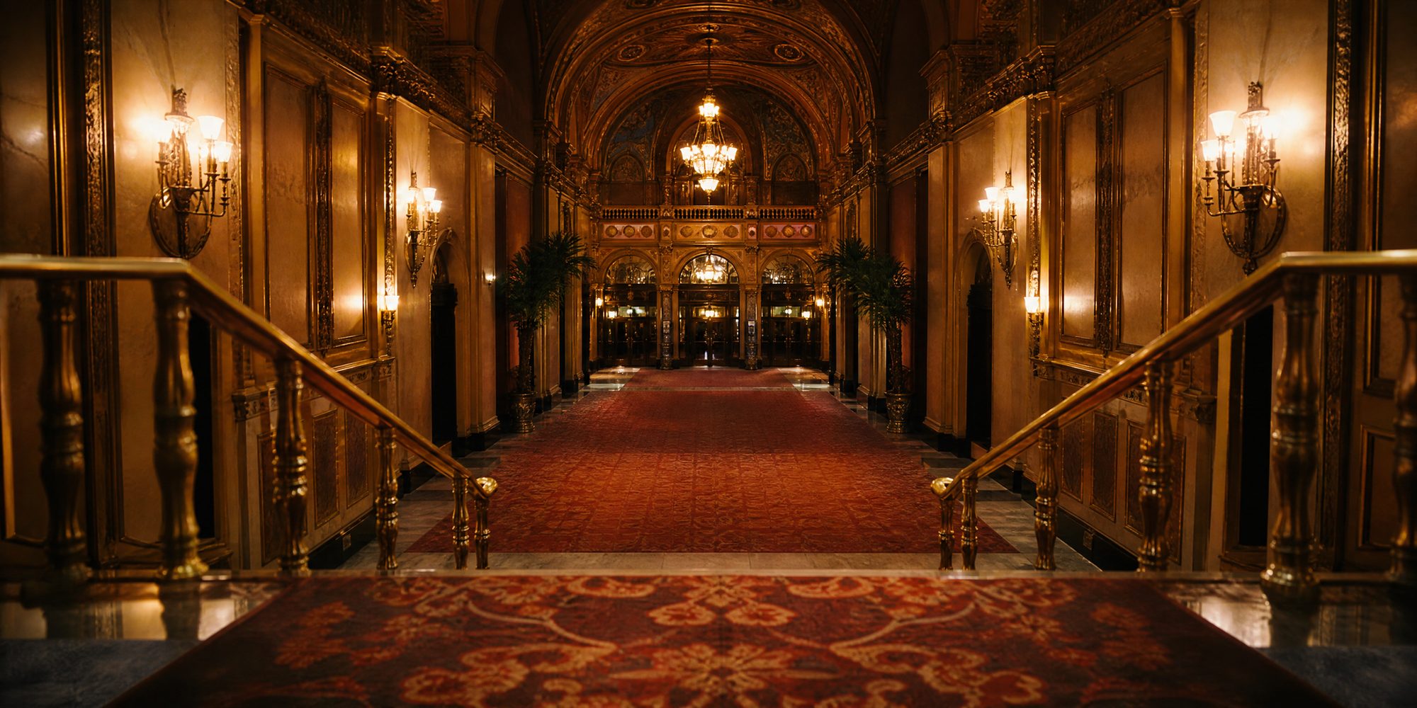 Symmetrical view down an ornate movie-palace lobby at night, brass rails and patterned carpet lit by warm tungsten fixtures, no signage legible.