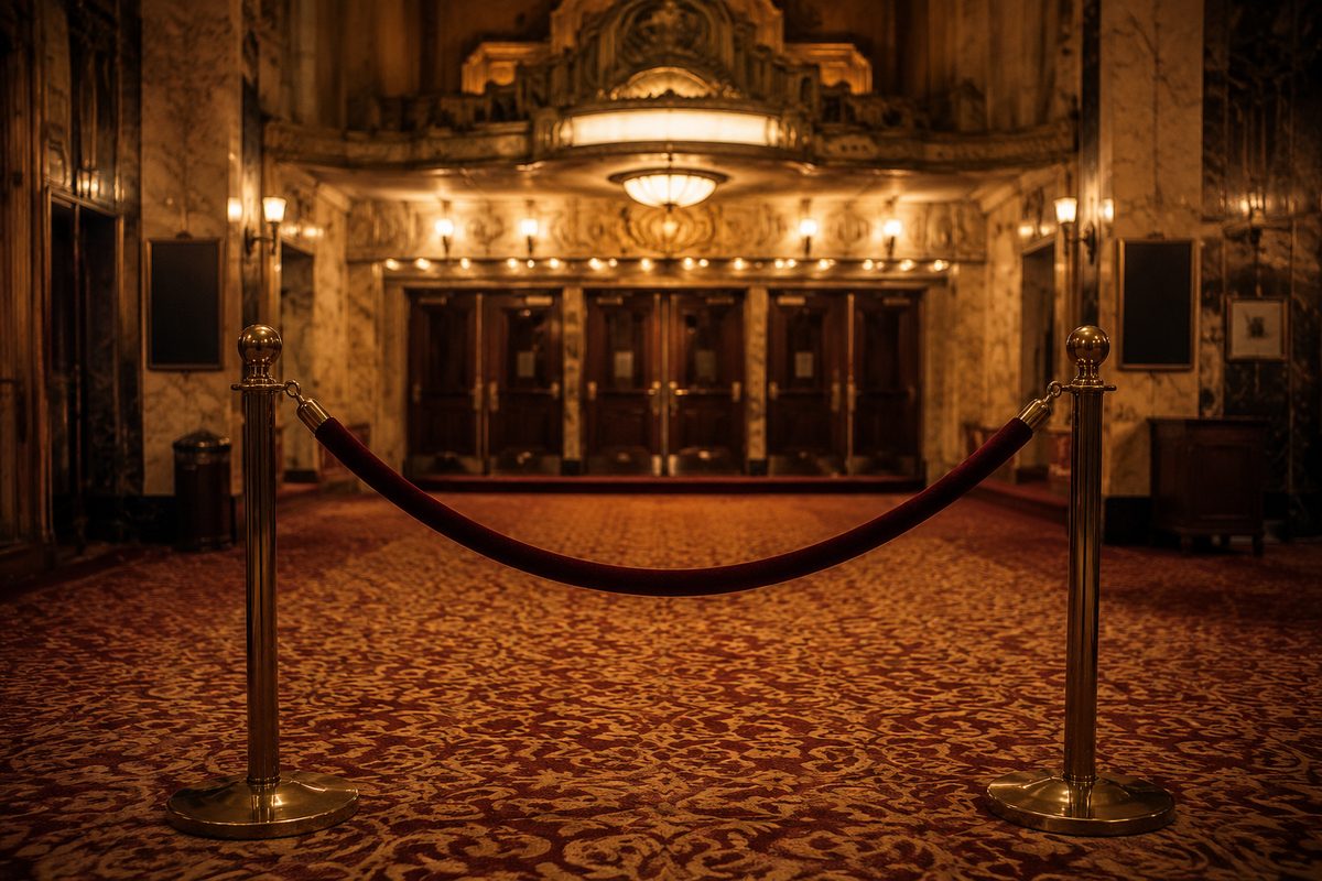 Symmetrical view down an ornate movie-palace lobby at night, brass rails and patterned carpet lit by warm tungsten fixtures, no signage legible.