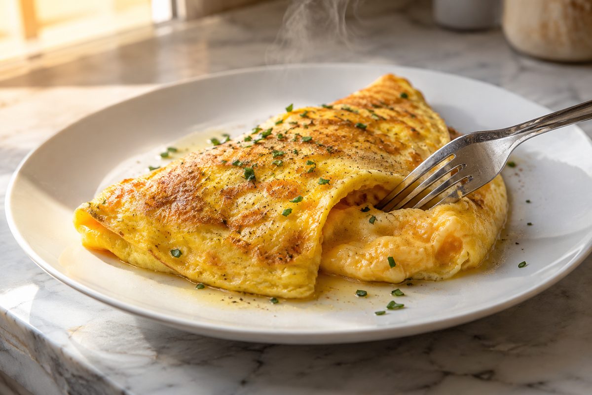 Close-up of a folded French omelet on a plain white plate, steam rising as a fork cuts into it.
