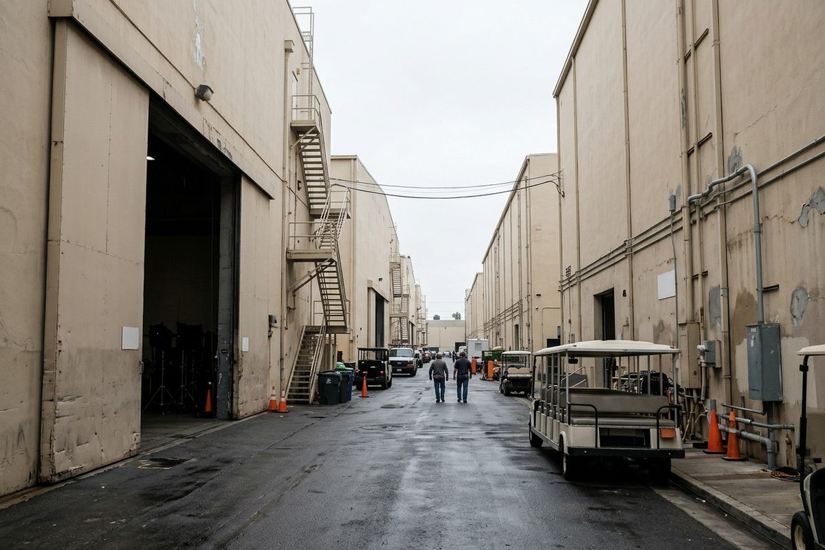 Big beige soundstages along a narrow studio lot street in Burbank on an overcast morning, an empty open-sided tour cart parked by one stage door.