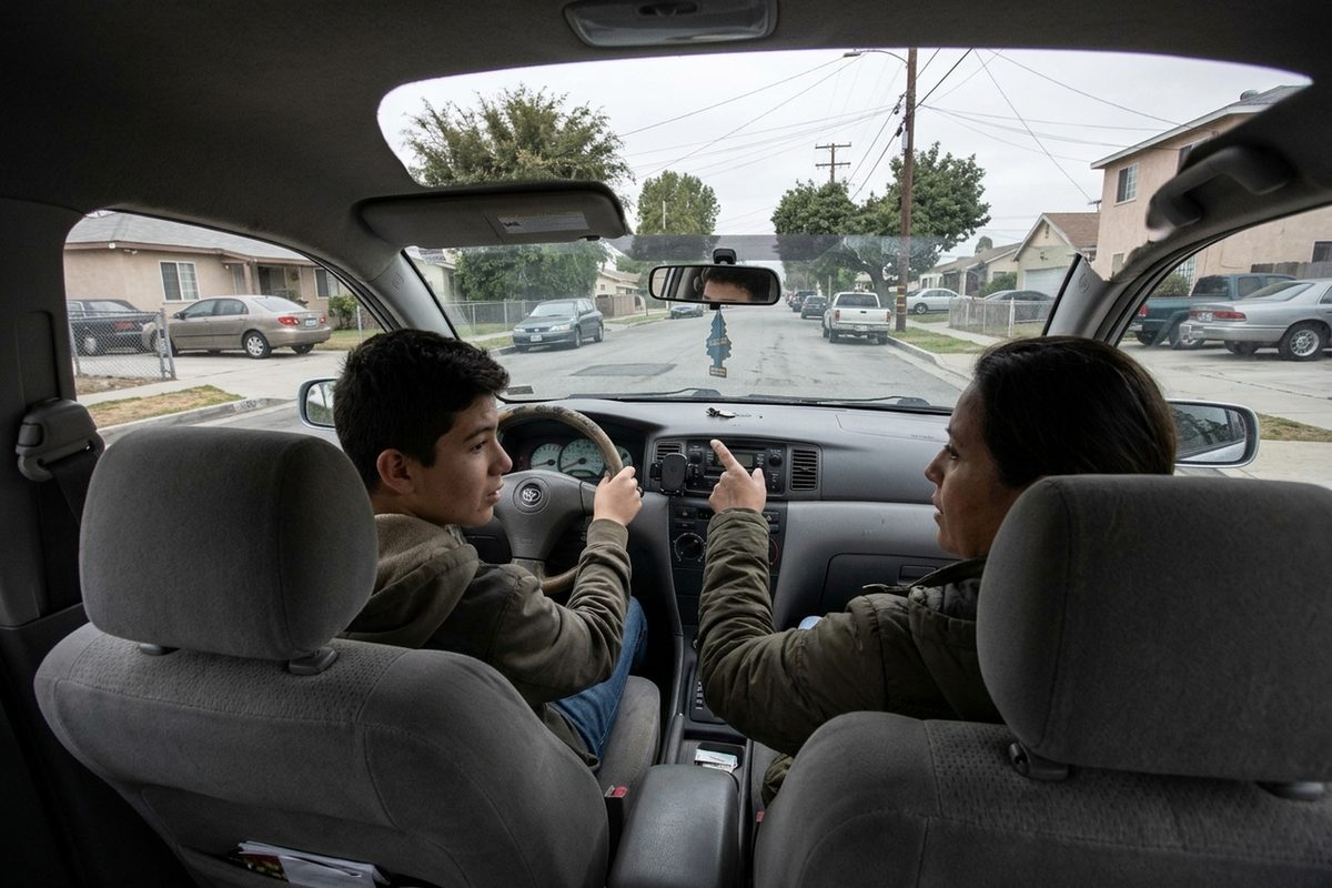 From the back seat, a teenager's hands on the steering wheel as they practice driving on a quiet Los Angeles residential street, with an adult in the passenger seat.